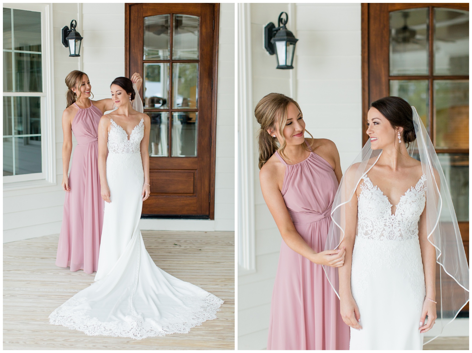 bride getting ready with bridesmaid