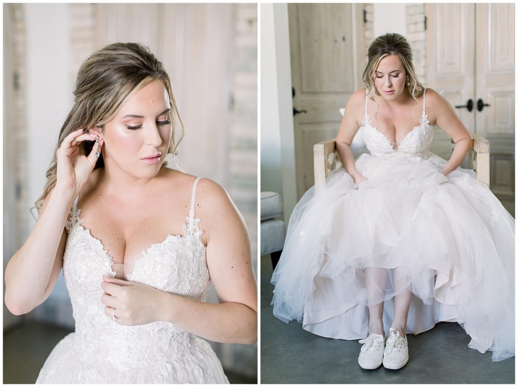 bride putting shoes and earrings