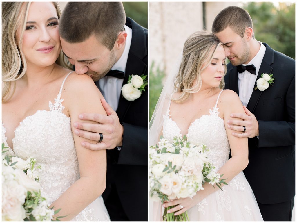 groom kissing brides shoulder and touching foreheads